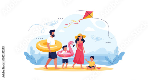 Happy family spending a sunny day at the beach with inflatable rings and a kite while walking along the sandy shore during summer vacation.