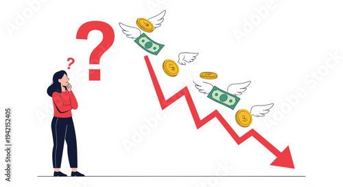 Concerned woman looking at a downward financial chart with flying money and question marks representing significant economic loss or inflation.