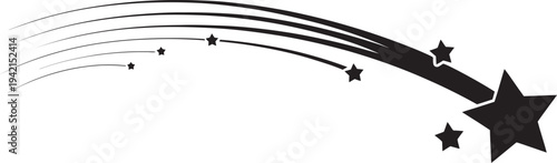 Stylized black shooting star graphic with trailing lines and smaller stars isolated on transparent background