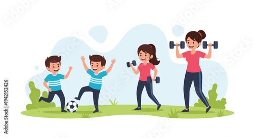 Active families exercising together outdoors with young boys playing soccer and women lifting heavy dumbbells on a green grassy field.