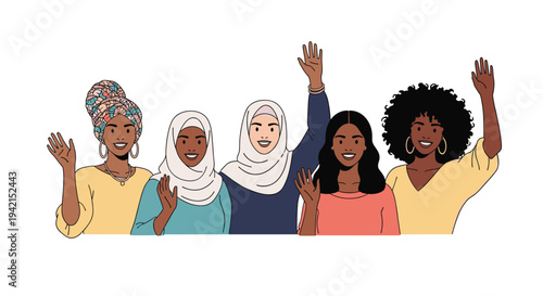 Group of five diverse smiling women waving their hands to represent female empowerment, global inclusion, and cross cultural friendship.