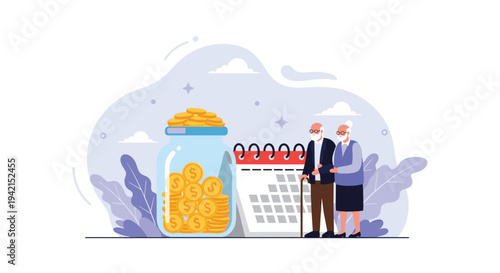 Senior couple standing next to a large glass jar filled with gold coins and a calendar to symbolize retirement savings and future planning.