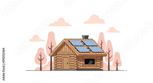 A traditional wooden log cabin with four solar panels on its roof and a chimney is surrounded by stylized trees and clouds.