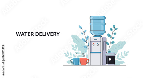 Modern water dispenser unit in a professional office setting with a large blue bottle, coffee cups, and decorative green foliage plants.