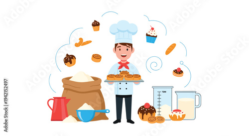 Happy young male baker wearing a white uniform and chef hat while holding a tray of freshly baked sweet cinnamon rolls and tasty treats.