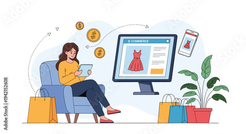 Young woman sitting comfortably in an armchair and using a digital tablet for online shopping with various store bags nearby for her purchases.