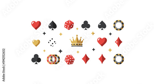 A lively collection of casino game elements, including card suits, dice, poker chips, and a crown, is playfully scattered with sparkles.