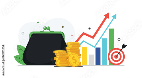 Large black wallet standing next to rising financial bar charts and a red target board with an arrow representing wealth growth and success.