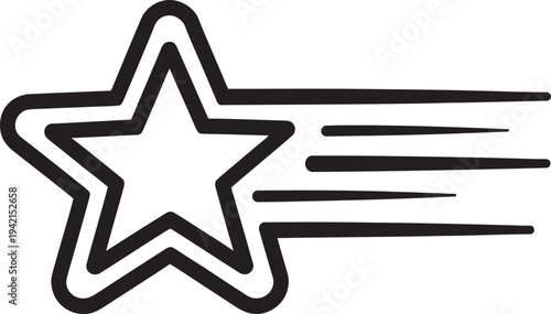 Stylized black outline star shape with trailing motion lines on a transparent background