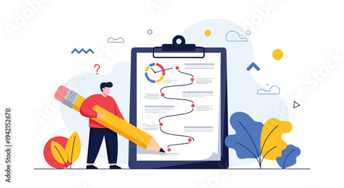 Creative man holding a giant yellow pencil and drawing a winding path on a large clipboard to represent planning and project management steps.