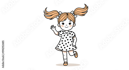 Adorable little girl with blonde pigtails and a polka dot dress waving happily while skipping on a plain white background with joy.