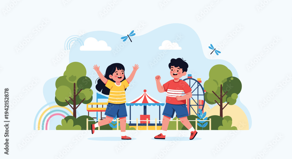 Naklejka premium Children playing happily in colorful amusement park with carousel and ferris wheel under bright sunny sky with flying dragonflies.