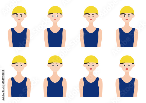 黄色帽子の水泳コーチ・選手の表情８種類ベクターイラスト素材セット
