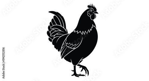 Black silhouette of rooster standing isolated on white background depicting farm animal in simple vector art style for logos.