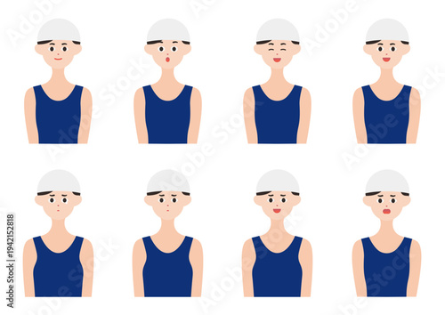 白帽子の水泳コーチ・選手の表情８種類ベクターイラスト素材セット