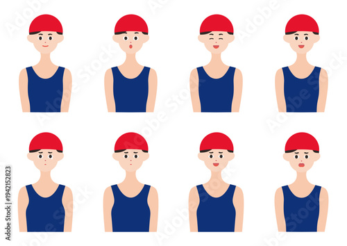 赤帽子の水泳コーチ・選手の表情８種類ベクターイラスト素材セット