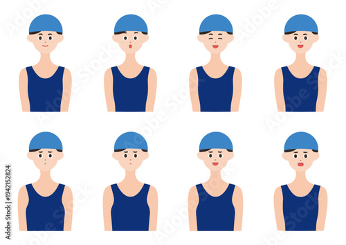 青帽子の水泳コーチ・選手の表情８種類ベクターイラスト素材セット