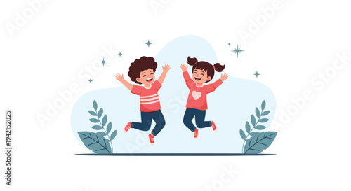 Happy diverse children jumping with joy outdoors against abstract background representing childhood happiness and playful energy.