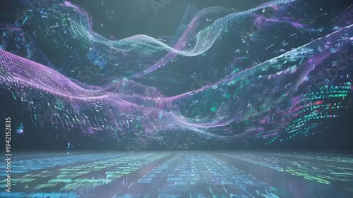 Shimmering ribbons of light sweep across a vast digital grid, as floating symbols and code fragments drift in the air, evoking a futuristic data stream and immersive virtual landscape.