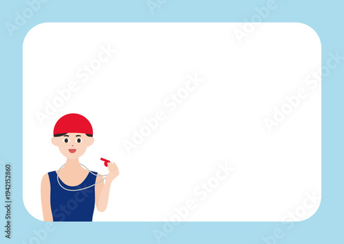 ホイッスルを持った水泳コーチ・選手の横フレームのベクターイラスト素材