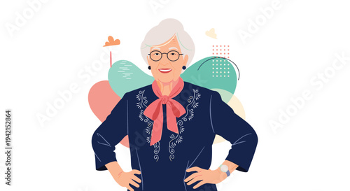 Portrait of confident elderly woman with grey hair wearing glasses and stylish scarf standing with hands on hips against shapes.