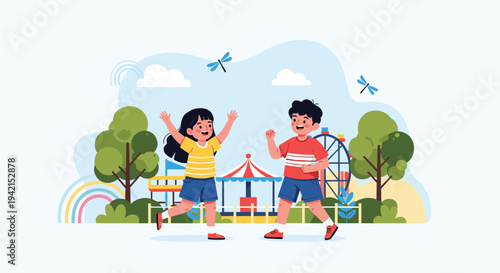 Children playing happily in colorful amusement park with carousel and ferris wheel under bright sunny sky with flying dragonflies.