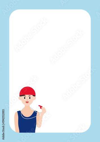 ホイッスルを持った水泳コーチ・選手の縦フレームのベクターイラスト素材