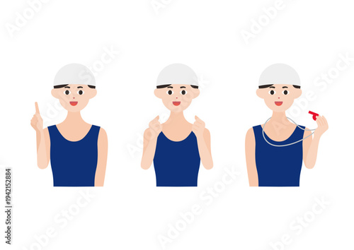 白帽子の水泳コーチのポーズ３種類ベクターイラスト素材セット