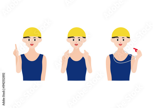 黄色帽子の水泳コーチのポーズ３種類ベクターイラスト素材セット