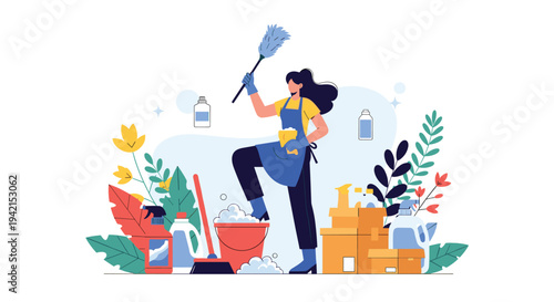 Young woman in apron holding feather duster and cleaning supplies ready for spring cleaning at home with plant decorations around.