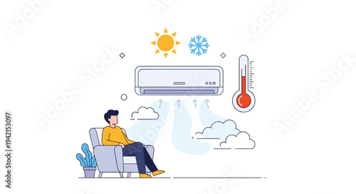 Man relaxing in comfortable armchair under air conditioner unit while monitoring room temperature for indoor climate control system.