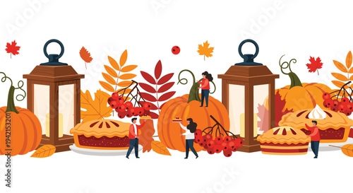 Autumn festival banner with tiny people around large pumpkins, pies, and lanterns decorated with colorful fall leaves on white.