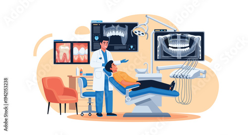 Dentist showing dental x-ray to patient in modern clinic during consultation for professional teeth treatment and healthcare checkup.