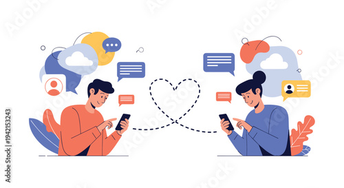 Man and woman communicating through mobile apps with heart symbols representing online dating and digital romantic connection via phone.