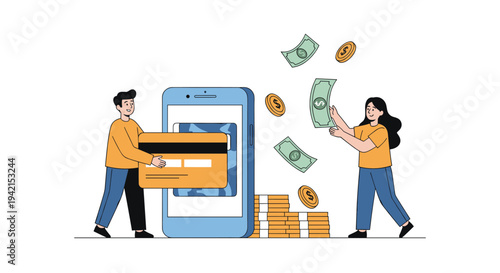 People using mobile banking for online payments and money transfers with credit card and coins flying out of blue smartphone screen.
