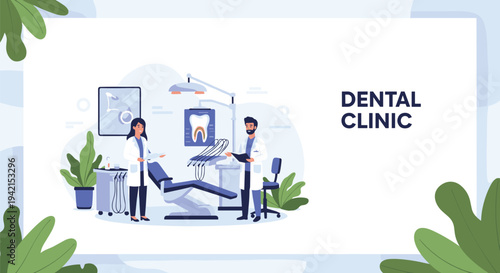 Dental clinic interior with professional doctors and equipment providing healthcare services for patient teeth maintenance and care.