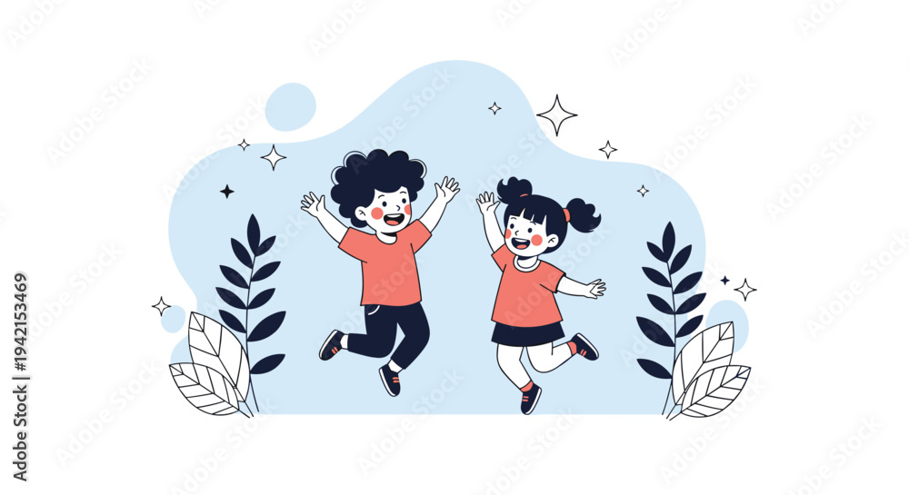 Obraz premium Cheerful young boy and girl jump with excitement surrounded by stars and plants in a simple and clean cartoon illustration.