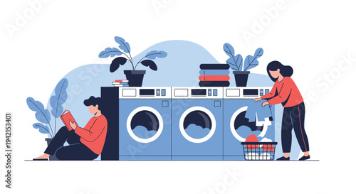 People spend time at a public laundry facility with one person reading a book and another folding clothes near washing machines.