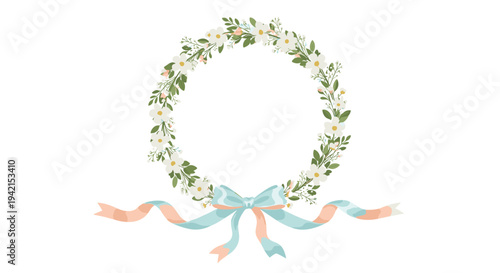 A beautiful circular wreath, intricately designed with small white flowers and lush green leaves, is tied with a blue and peach ribbon.