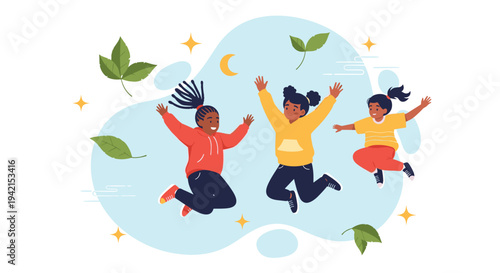 Group of happy children jumps with joy among falling autumn leaves and stars in a colorful and playful outdoor illustration.