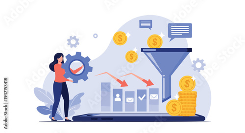 Business woman optimizes a marketing sales funnel by placing cogwheels to improve conversion rates and increase financial profit.