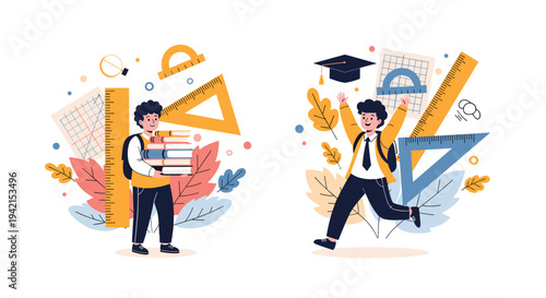 Excited school children carry heavy stacks of books and celebrate their education surrounded by large rulers and school tools.