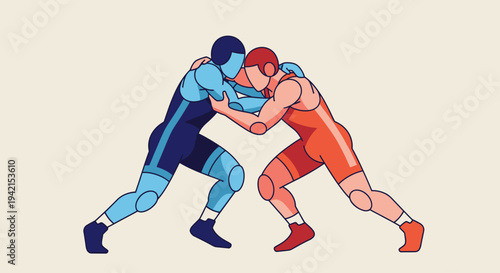 Two wrestlers in a grappling stance showcasing strength and determination.