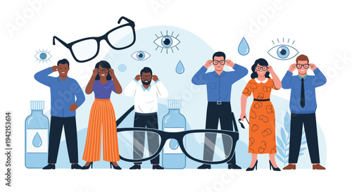 Diverse group of people wearing different styles of eyeglasses stands together next to giant glasses and eye care products.