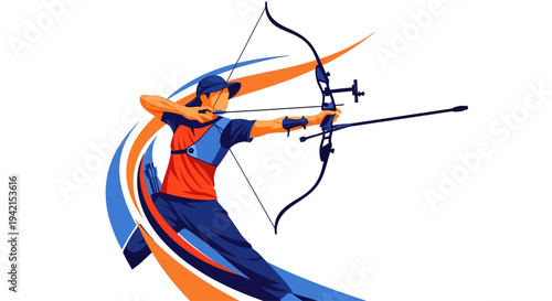 Dynamic illustration of an archer in action aiming with precision and power.