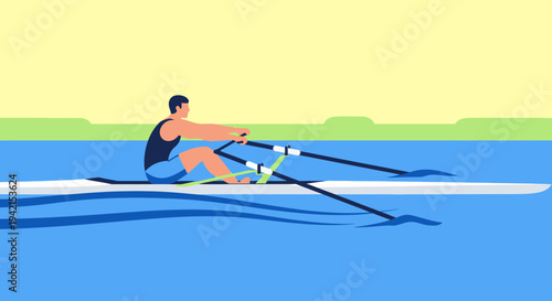 Male athlete rowing a single scull boat on the water.