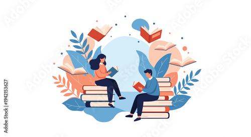 Students sit on large stacks of books and read peacefully surrounded by floating pages and colorful autumn plant elements.