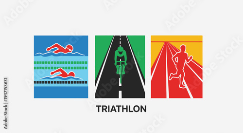 Triathlon event with swimming cycling and running icons.
