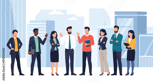 Professional diverse business team stands together in front of a modern city skyline representing corporate unity and success.