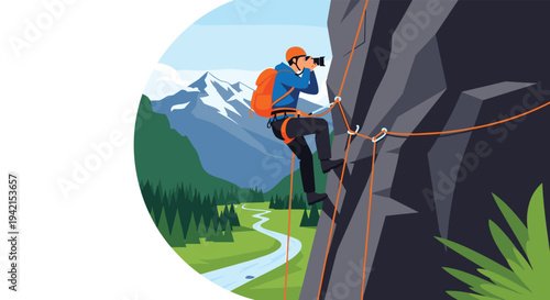 Adventurous rock climber wearing safety gear takes a professional photograph of a stunning mountain landscape while climbing.